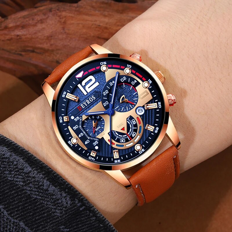 Fashion Men Calendar Watches, Luxury Brown Leather Quartz Watch, Business Casual Male Bracelet Wrist Watch