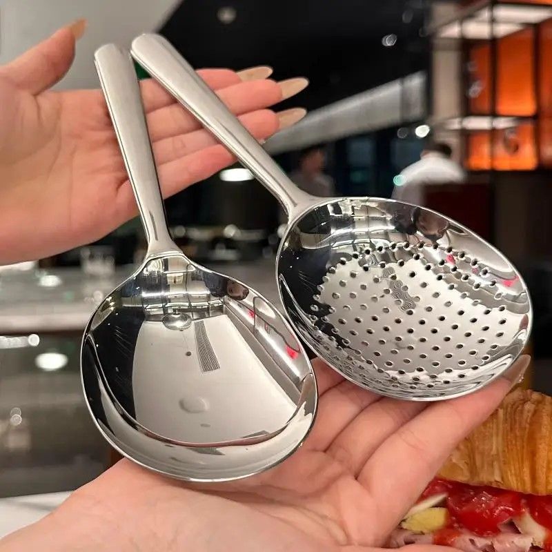 Stainless Steel Ladle & Drain-Hole Serving Spoon Set with Heat-Insulated Handle (1 or 2-Pack)