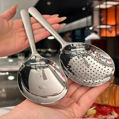 Stainless Steel Ladle & Drain-Hole Serving Spoon Set with Heat-Insulated Handle (1 or 2-Pack)