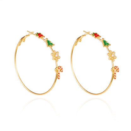Holiday Dangle Earrings, Exaggerated Christmas Bell Tree Snowflake Hoop Earrings, Round Circle Earrings for Women