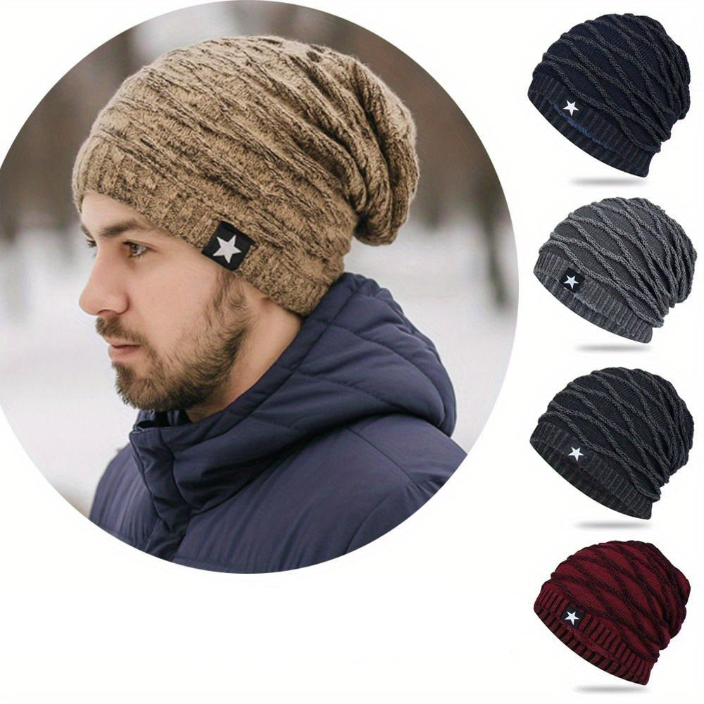 Fur Lined Winter Hat Men And Women Knitted Beanie Cap Casual Fivepointed Star Decor Winter Knitted  1
