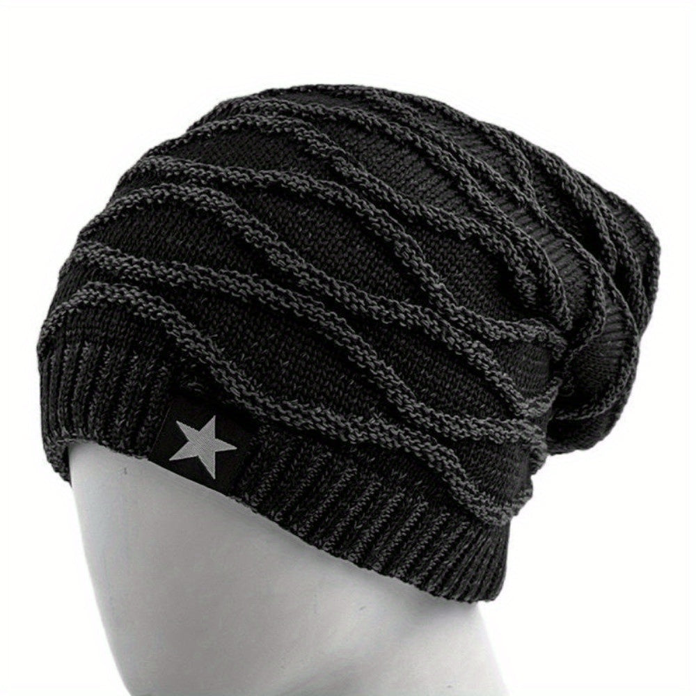 Fur Lined Winter Hat, Men and Women Knitted Beanie Cap, Casual Five-pointed Star Decor Winter Knitted Hat
