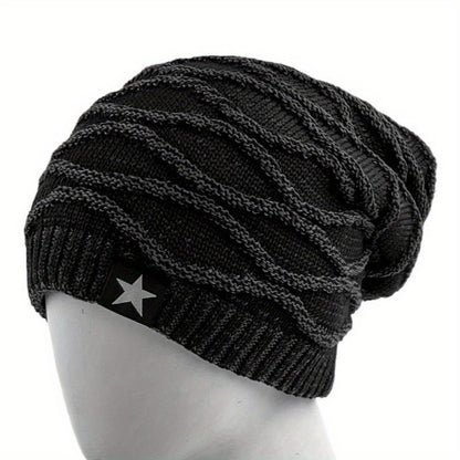 Fur Lined Winter Hat, Men and Women Knitted Beanie Cap, Casual Five-pointed Star Decor Winter Knitted Hat
