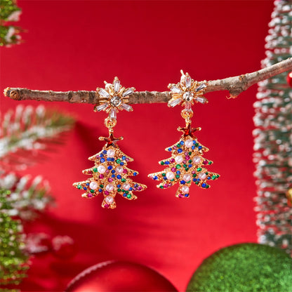 Holiday Tree Star Bell Dangle Earrings, Rhinestone Snowflake Jewelry for Christmas and New Year