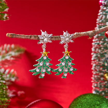 Holiday Tree Star Bell Dangle Earrings, Rhinestone Snowflake Jewelry for Christmas and New Year