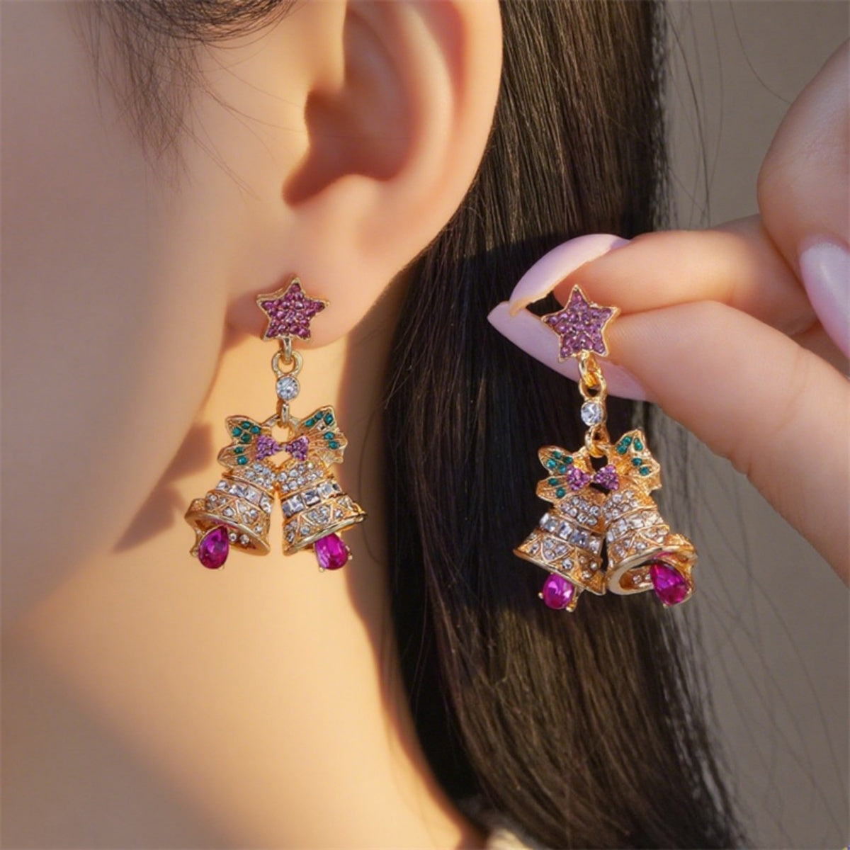 Holiday Tree Star Bell Dangle Earrings, Rhinestone Snowflake Jewelry for Christmas and New Year