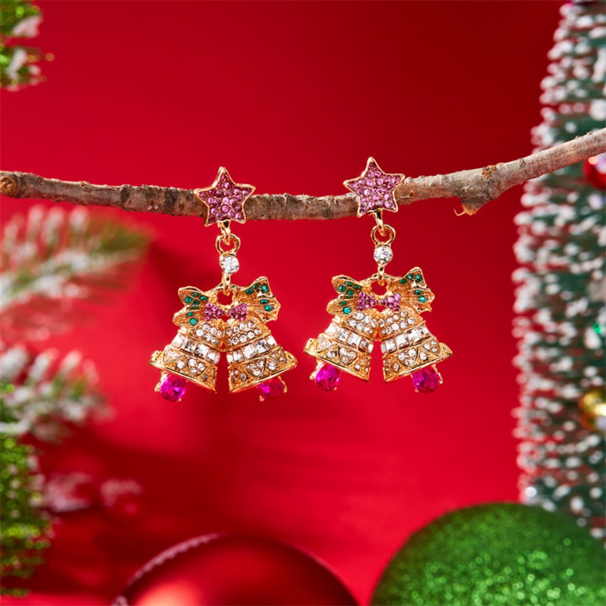 Holiday Tree Star Bell Dangle Earrings, Rhinestone Snowflake Jewelry for Christmas and New Year