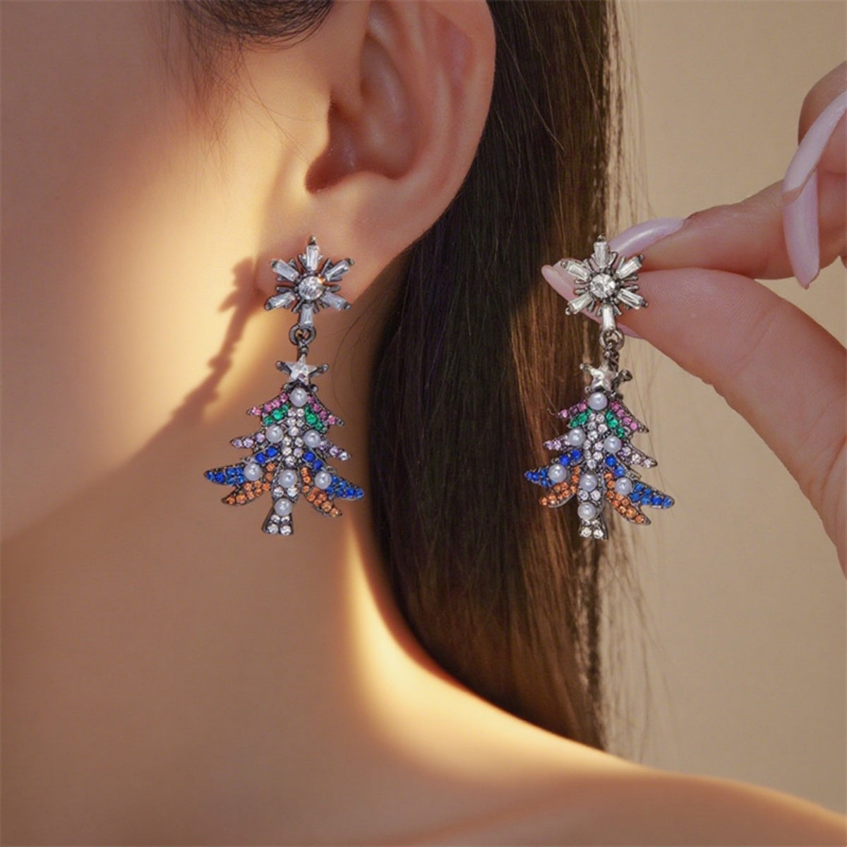 Holiday Tree Star Bell Dangle Earrings, Rhinestone Snowflake Jewelry for Christmas and New Year