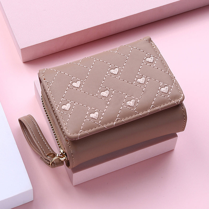 Leather Women's Wallet, Embroidered Love Tri-fold Small Wallet, Card Holder, Coin Purse