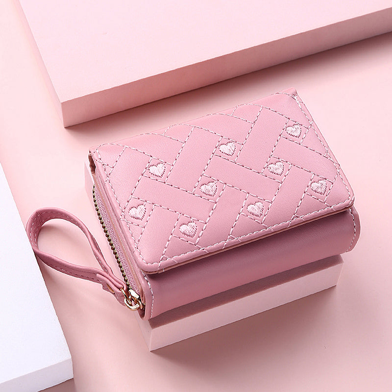Leather Women's Wallet, Embroidered Love Tri-fold Small Wallet, Card Holder, Coin Purse