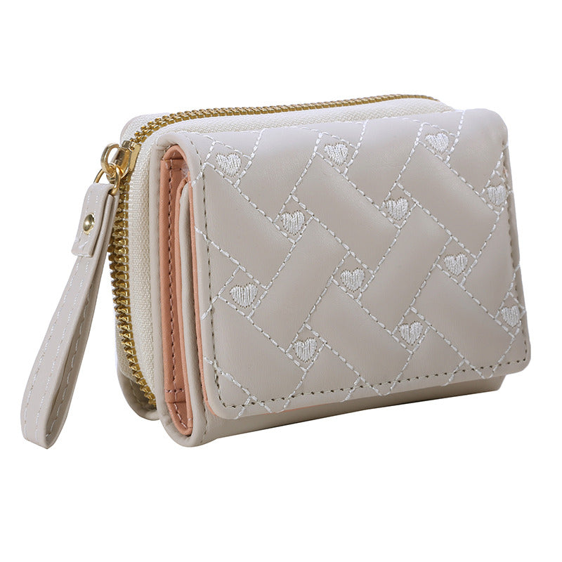 Leather Women's Wallet, Embroidered Love Tri-fold Small Wallet, Card Holder, Coin Purse