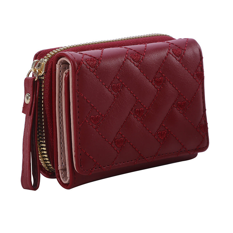 Leather Women's Wallet, Embroidered Love Tri-fold Small Wallet, Card Holder, Coin Purse