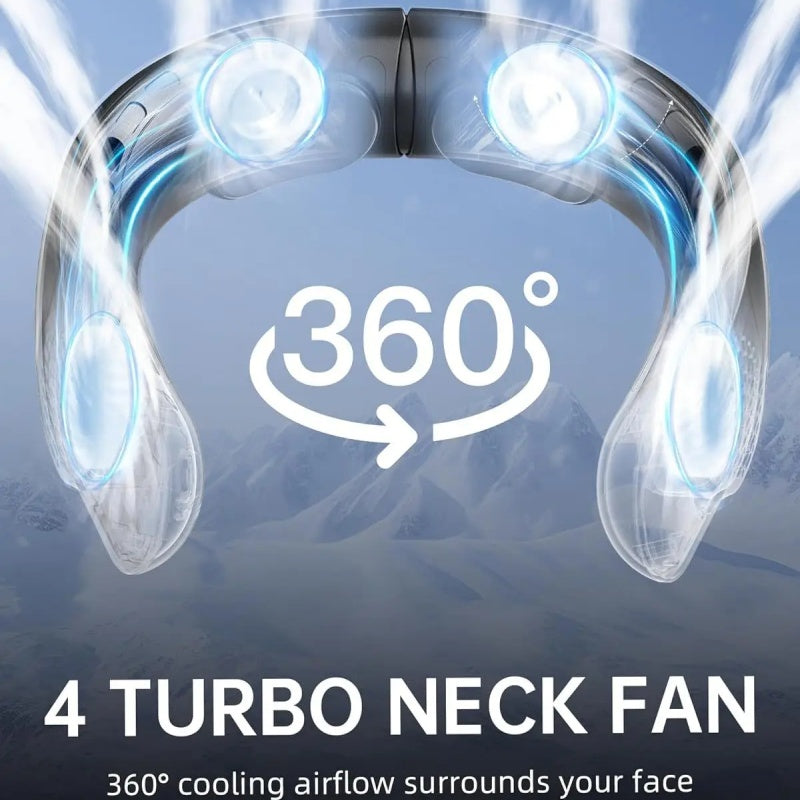 USB Neck Fan with Digital Display, Turbine Vaneless Design, Portable Quad-Core Cooling Fan for Outdoors