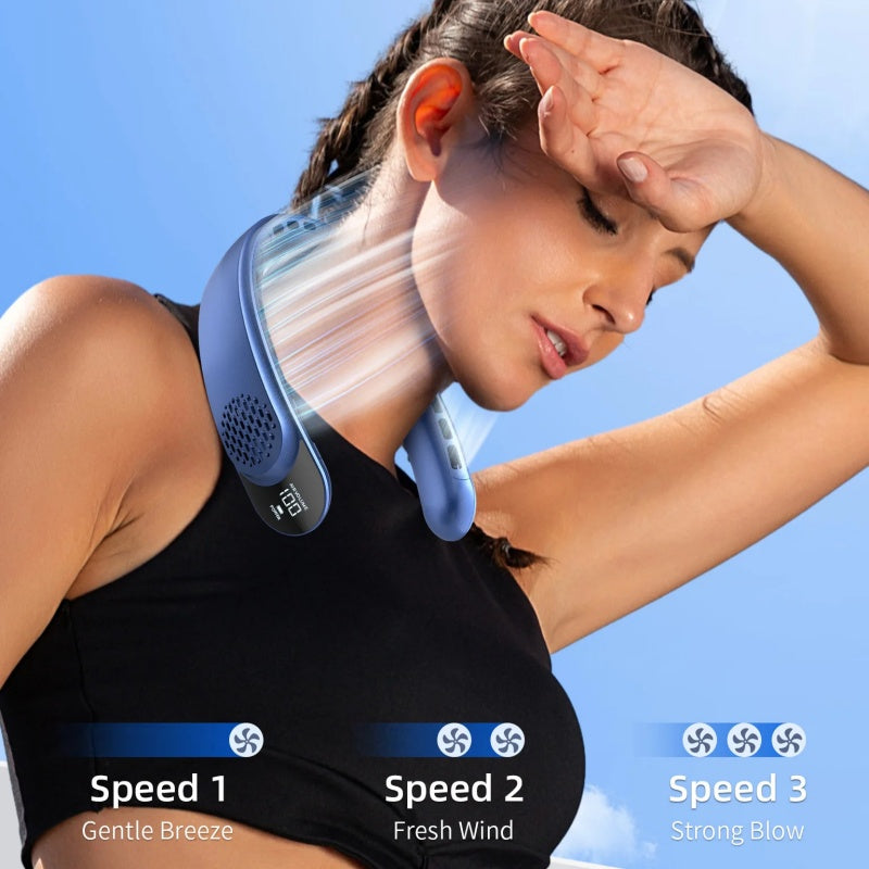 USB Neck Fan with Digital Display, Turbine Vaneless Design, Portable Quad-Core Cooling Fan for Outdoors