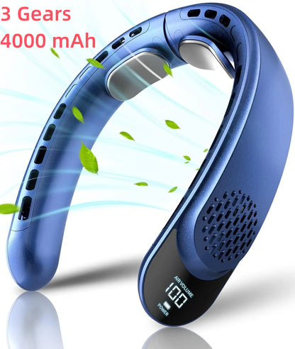 USB Neck Fan with Digital Display, Turbine Vaneless Design, Portable Quad-Core Cooling Fan for Outdoors