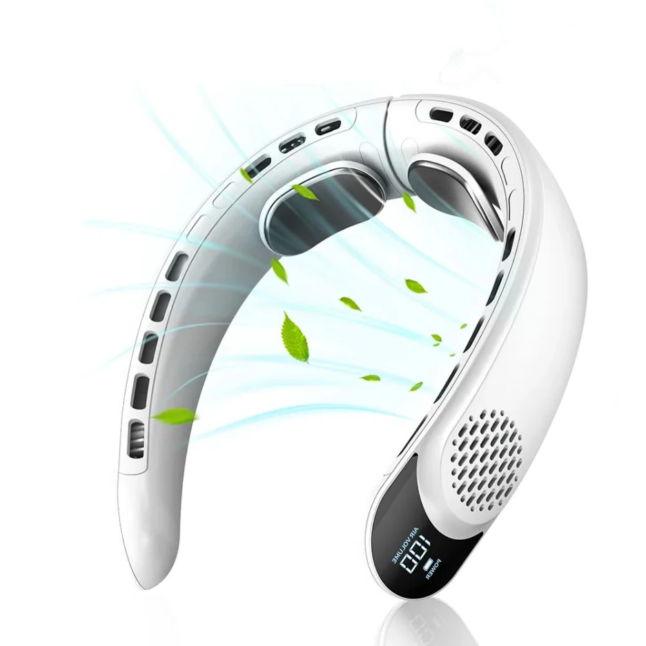 USB Neck Fan with Digital Display, Turbine Vaneless Design, Portable Quad-Core Cooling Fan for Outdoors