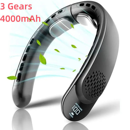 USB Neck Fan with Digital Display, Turbine Vaneless Design, Portable Quad-Core Cooling Fan for Outdoors