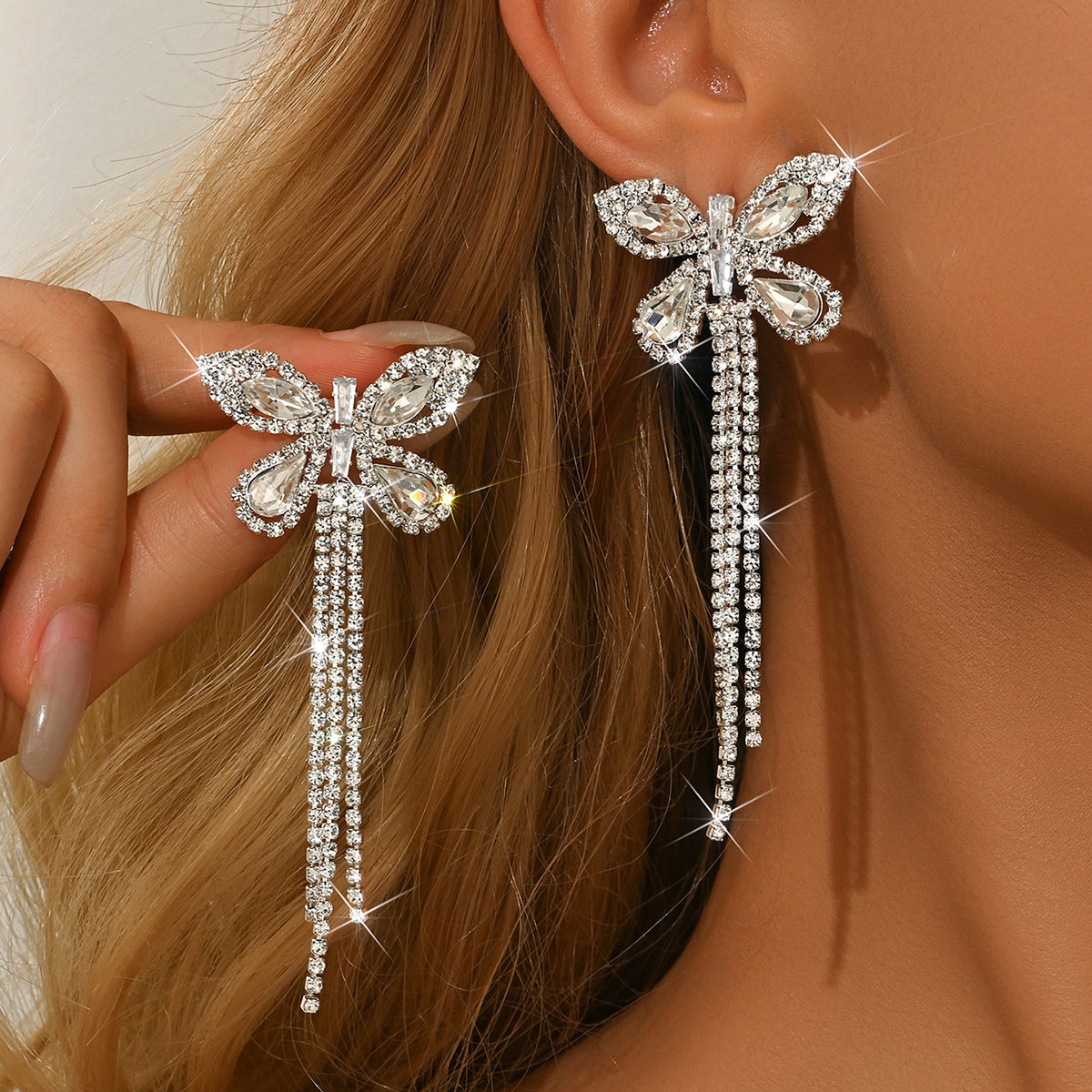 Luxury Full Diamond Butterfly Earrings, Elegant Long Tassel, High-End Ladylike Accessories