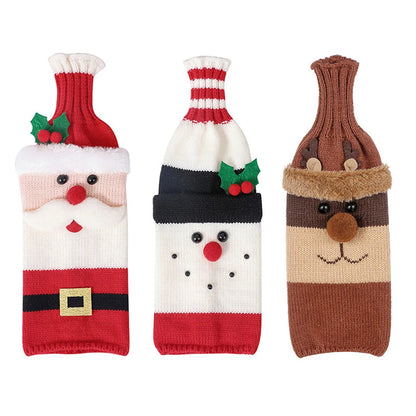 Cute Cartoon Santa Snowman Woven Wine Bottle Bags for Christmas, Home Table Christmas Party Dinner Table Decorations