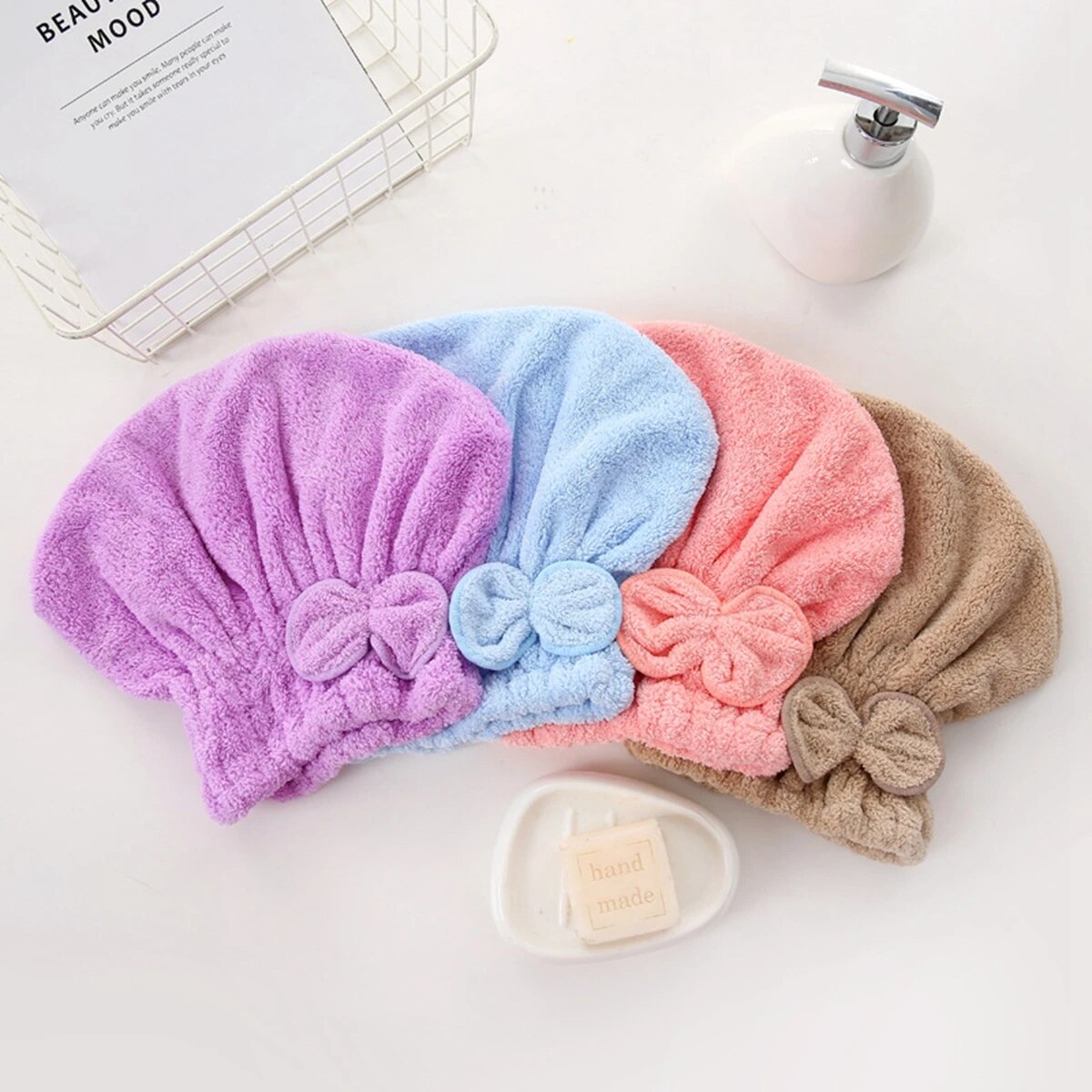 Head Wrap with Bow-Knot, Microfiber Hair Turban HairWrap Bath Cap for Curly Long Hair