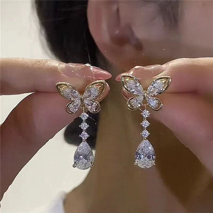 Crystal Zircon Butterfly Water Drop Tassel Earrings for Women Pearl Long Earring Party Daily Jewelry Gifts