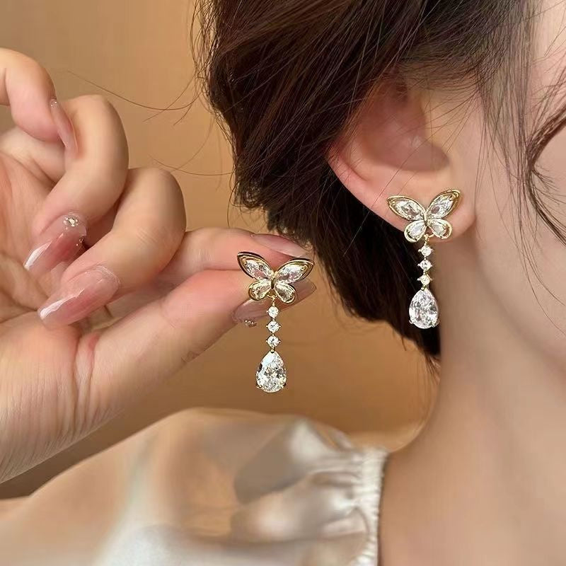 Crystal Zircon Butterfly Water Drop Tassel Earrings For Women Pearl Long Earring Party Daily Jewelr 1