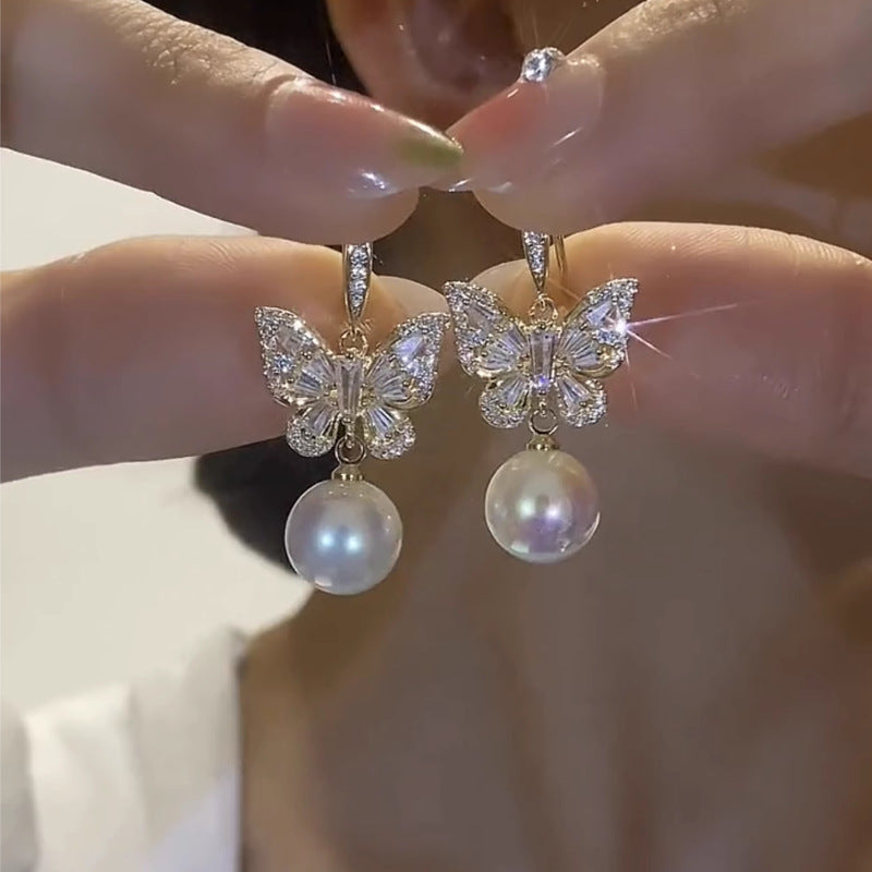Crystal Zircon Butterfly Water Drop Tassel Earrings For Women Pearl Long Earring Party Daily Jewelr 6
