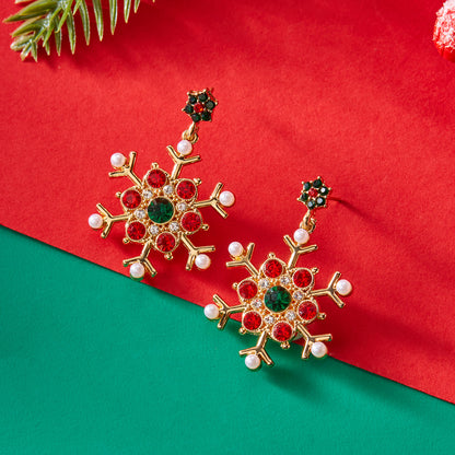 New Year Party Gifts, Crystal Zircon Pearl Dangle Earrings for Women, Fashion Christmas Snowflake Stud Jewelry