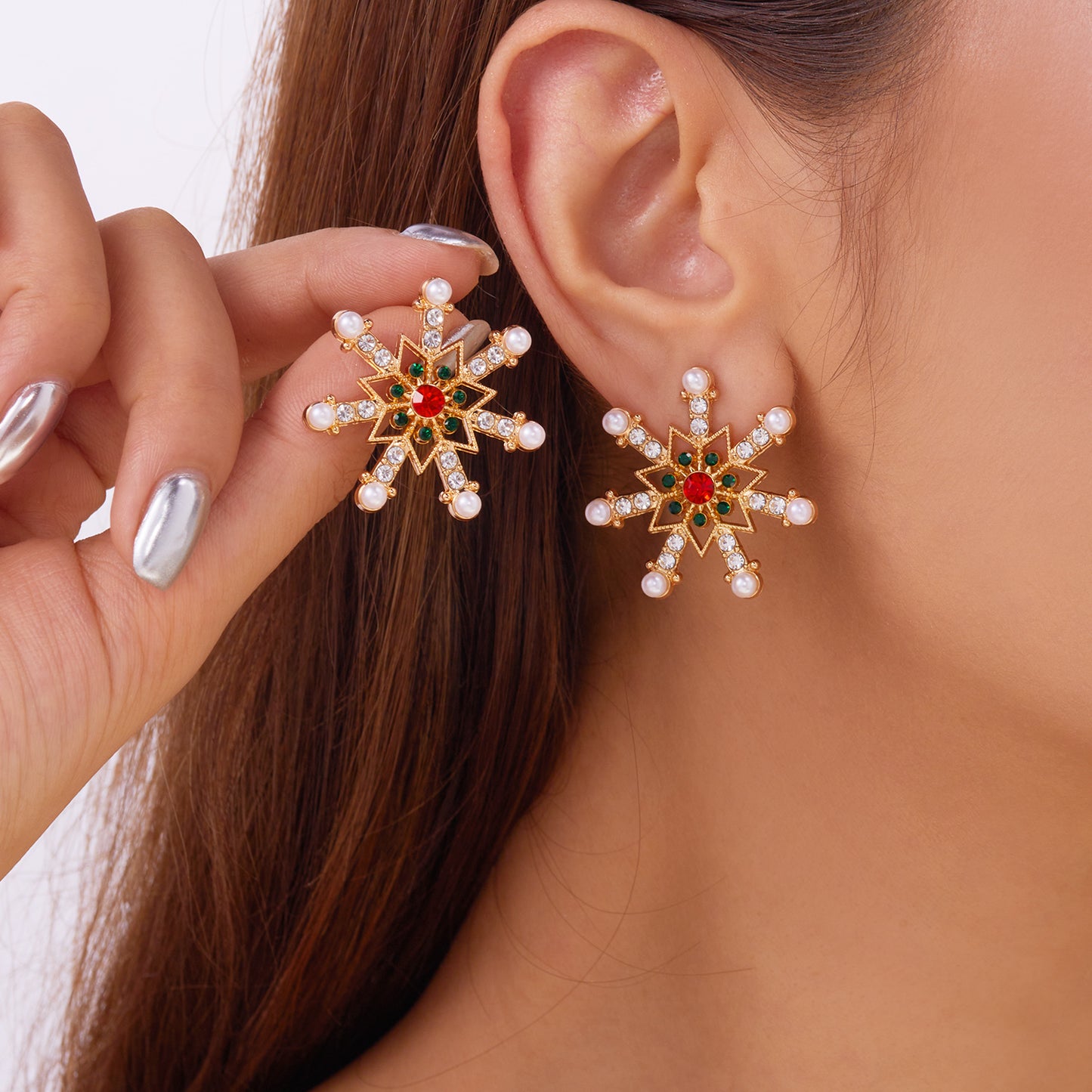 New Year Party Gifts, Crystal Zircon Pearl Dangle Earrings for Women, Fashion Christmas Snowflake Stud Jewelry