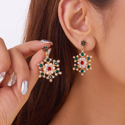 New Year Party Gifts, Crystal Zircon Pearl Dangle Earrings for Women, Fashion Christmas Snowflake Stud Jewelry