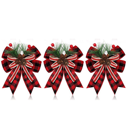 Chrismas Checkered Ribbon Bow Set With Pine Cones And Needles For Indoor And Outdoor Christmas Deco 6