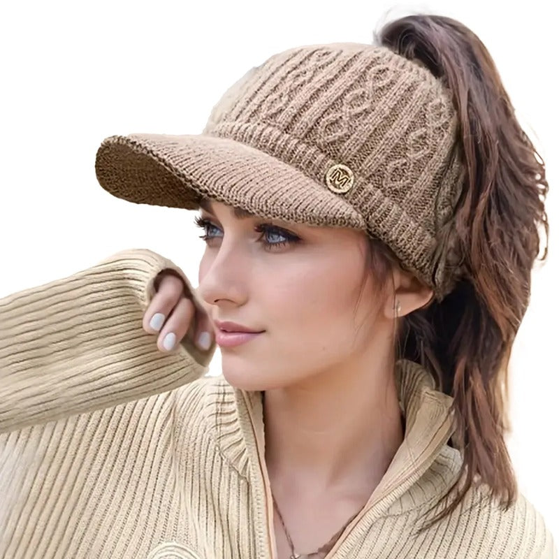 Female Leakage Ponytail Winter Hat Versatile Outdoor Padded Knitted Cap Ponytail Outdoor Padded War 2