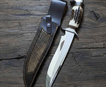 Handcrafted D2 Steel Bowie Knife – 8 Blade with Deer Horn Handle & Leather Sheath for Hunting & Bushcraft