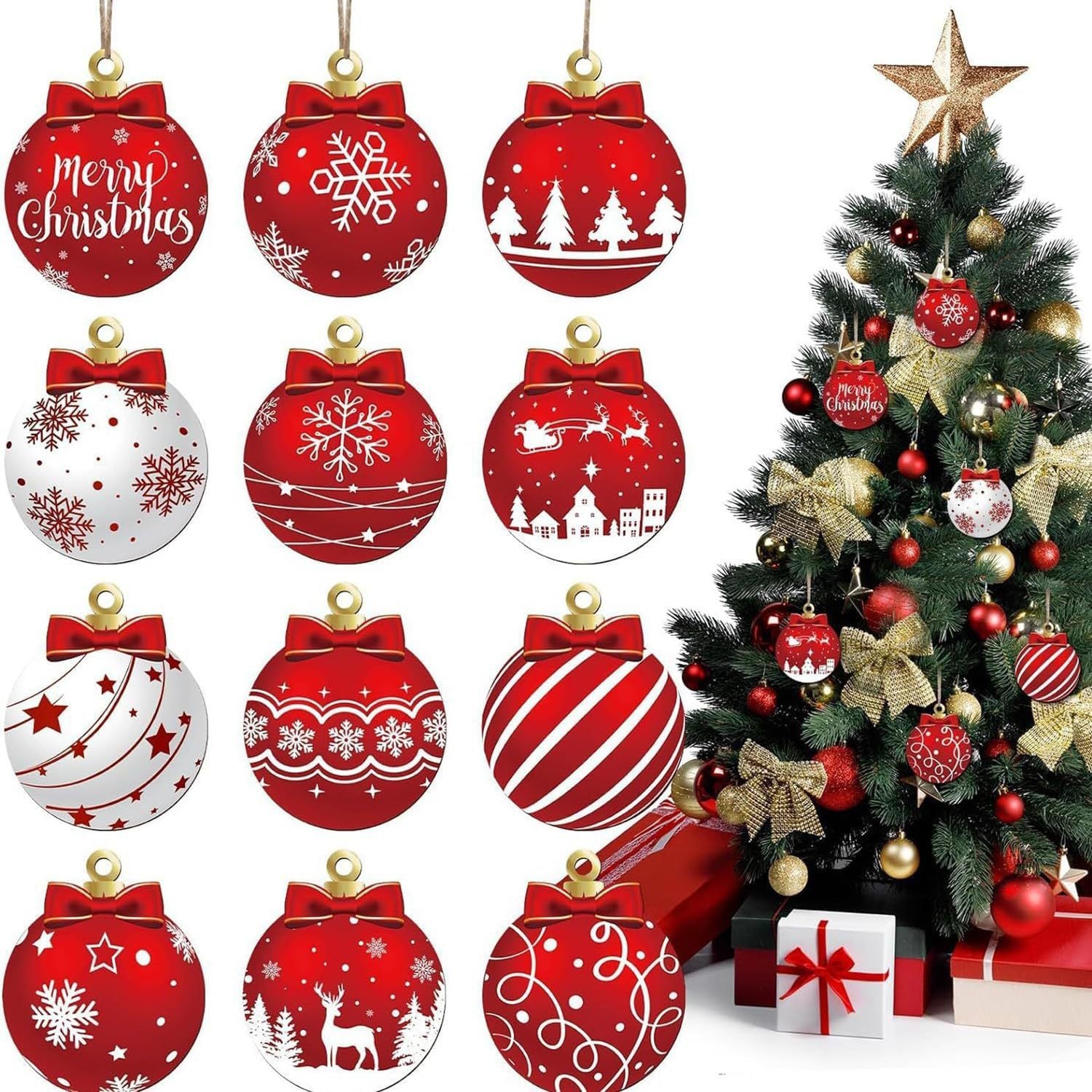 Red And White Wooden Snowflake Pattern Christmas Party Hanging Decoration Supplies Winter Christmas 5