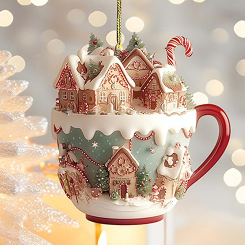 Acrylic Coffee Cup Ornament, Christmas Tree Pendant Decoration, 2D Art Keychain, Snow House Pendant for Holiday Charm