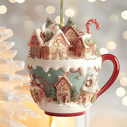 Acrylic Coffee Cup Ornament, Christmas Tree Pendant Decoration, 2D Art Keychain, Snow House Pendant for Holiday Charm