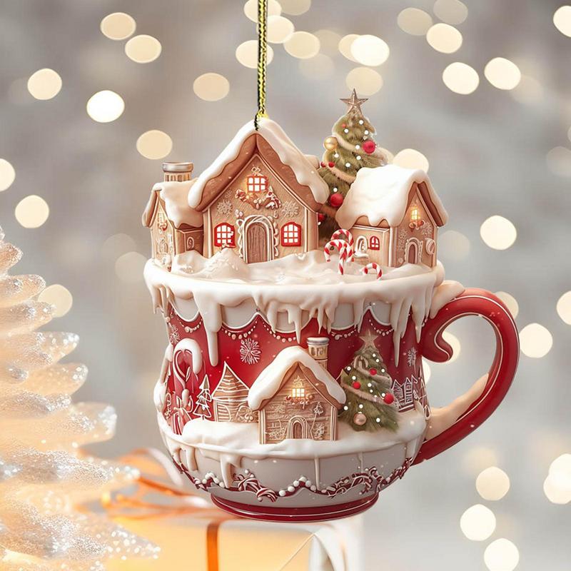 Acrylic Coffee Cup Ornament Christmas Tree Pendant Decoration 2D Art Keychain Snow House Pendant Fo 1