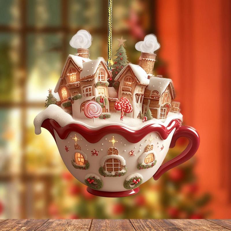 Acrylic Coffee Cup Ornament Christmas Tree Pendant Decoration 2D Art Keychain Snow House Pendant Fo 2