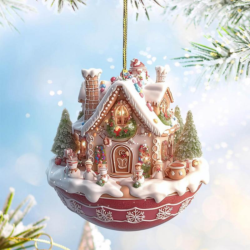Acrylic Coffee Cup Ornament Christmas Tree Pendant Decoration 2D Art Keychain Snow House Pendant Fo 3