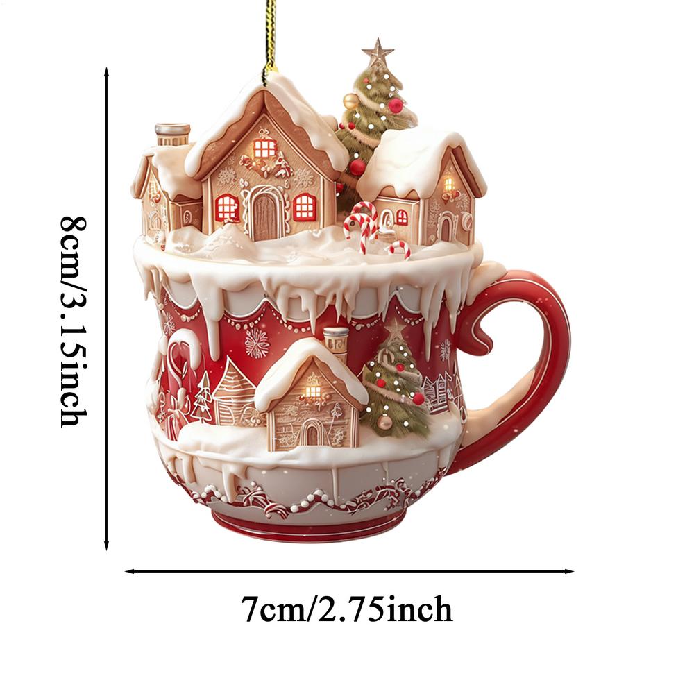 Acrylic Coffee Cup Ornament Christmas Tree Pendant Decoration 2D Art Keychain Snow House Pendant Fo 5