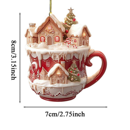 Acrylic Coffee Cup Ornament Christmas Tree Pendant Decoration 2D Art Keychain Snow House Pendant Fo 5