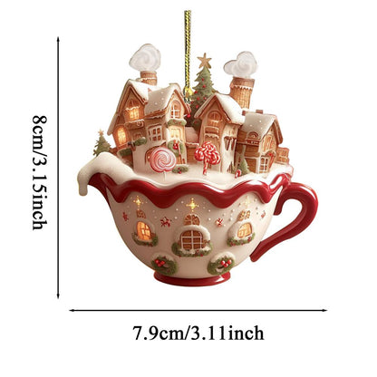 Acrylic Coffee Cup Ornament Christmas Tree Pendant Decoration 2D Art Keychain Snow House Pendant Fo 6