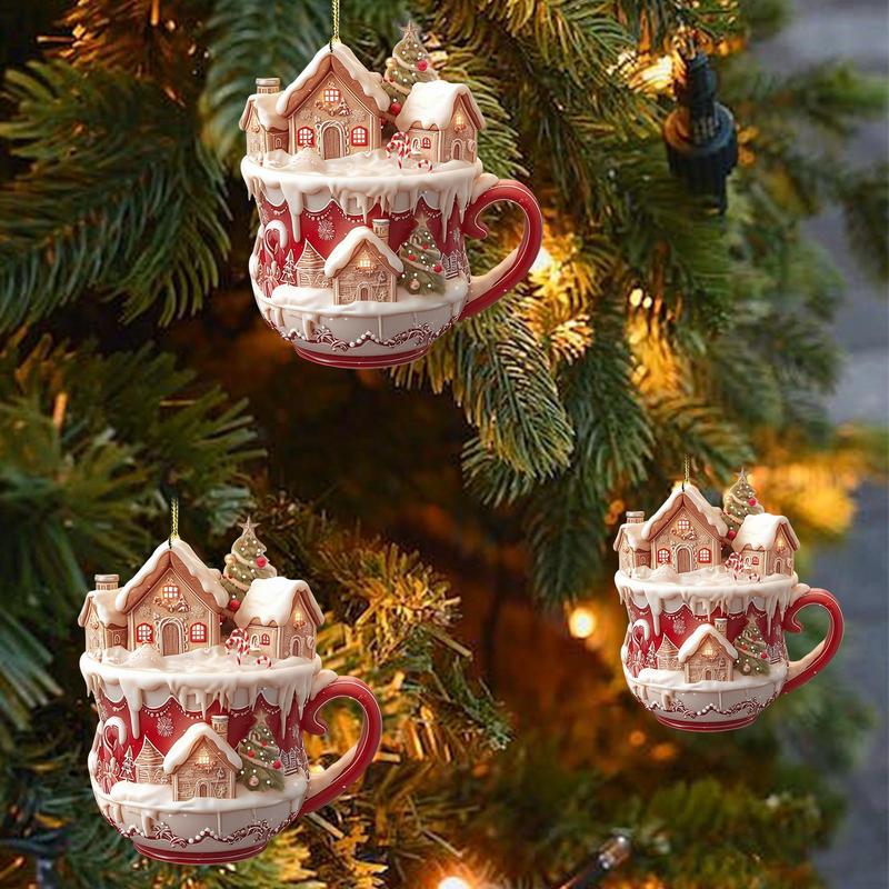 Acrylic Coffee Cup Ornament Christmas Tree Pendant Decoration 2D Art Keychain Snow House Pendant Fo 4