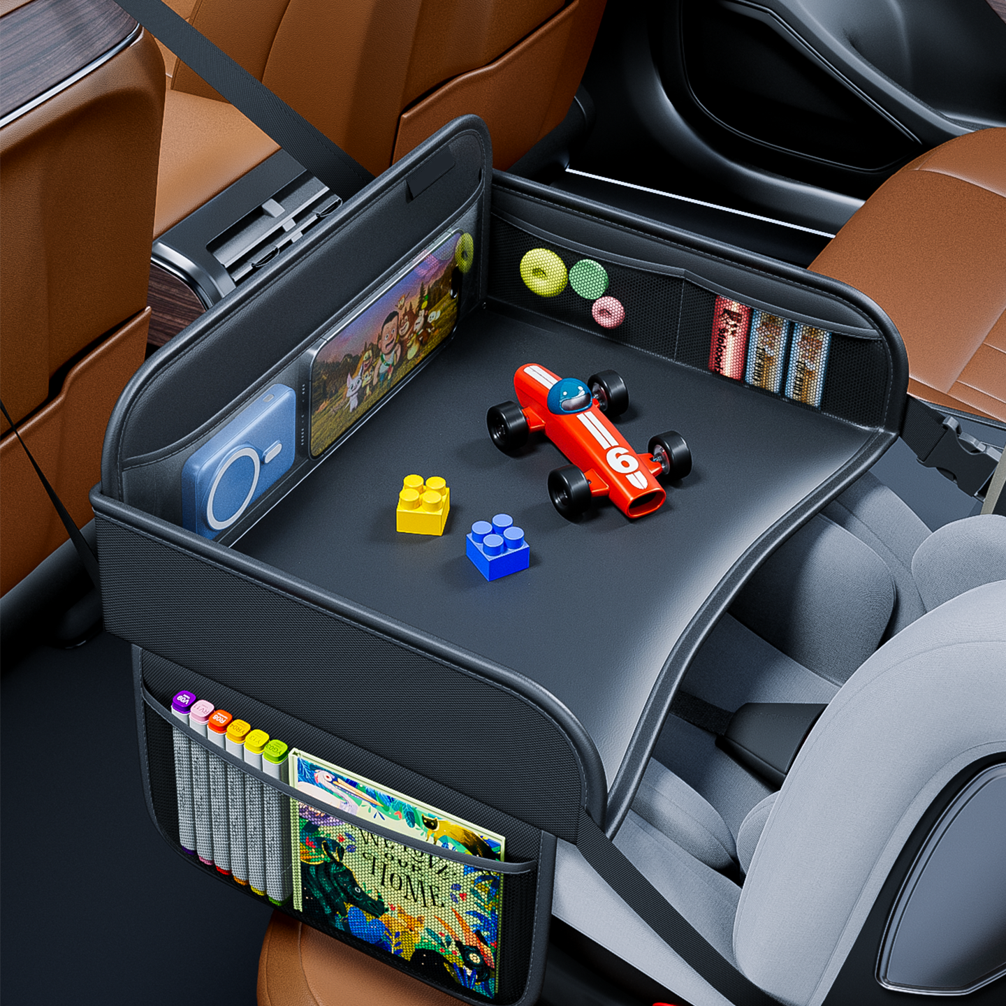 Child Car Dining Drawing Table, Leather Safety Seat Tray, Backseat Children Table, Tool Toys Phone Storage Pocket