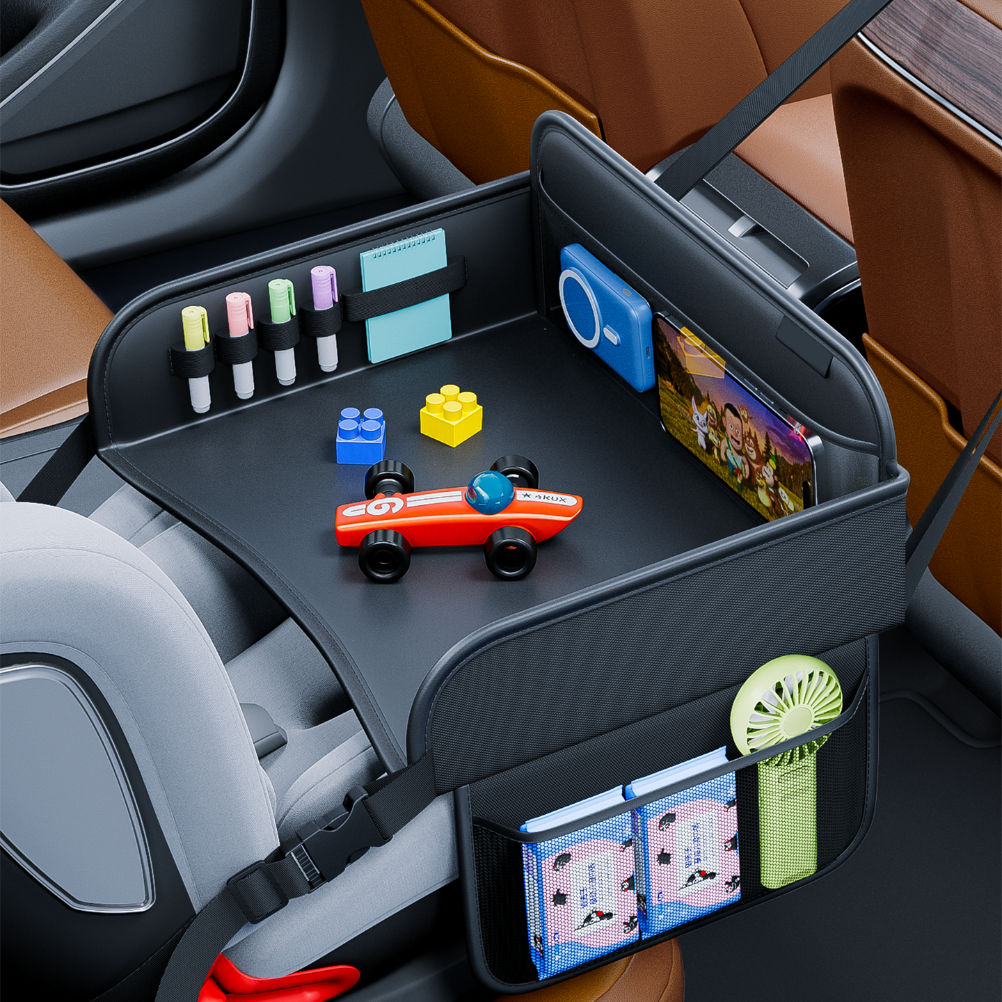 Child Car Dining Drawing Table, Leather Safety Seat Tray, Backseat Children Table, Tool Toys Phone Storage Pocket