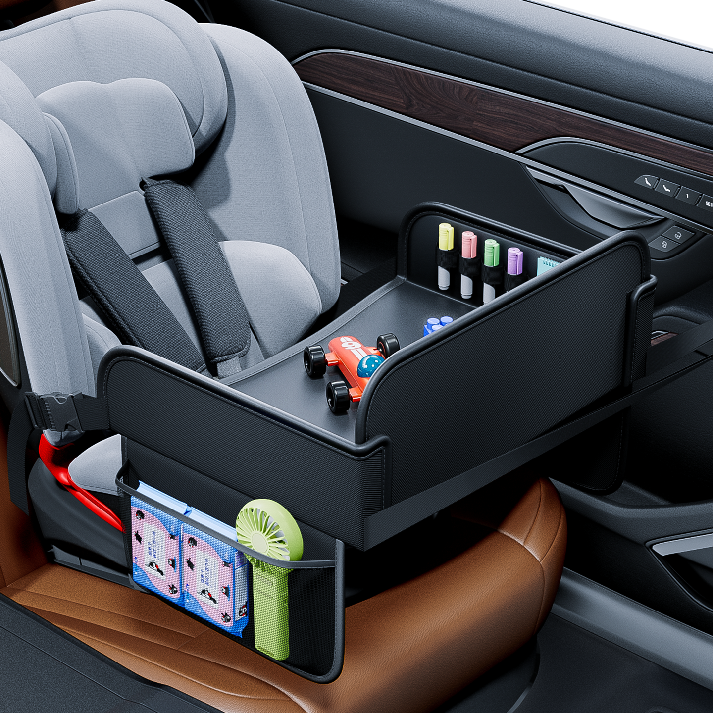 Child Car Dining Drawing Table, Leather Safety Seat Tray, Backseat Children Table, Tool Toys Phone Storage Pocket