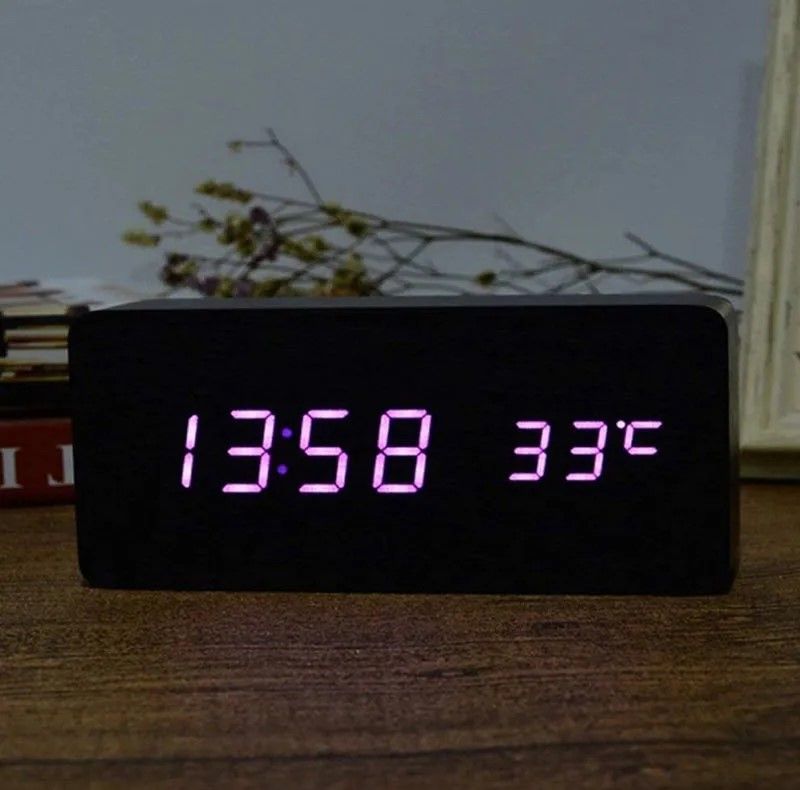 Woodgrain Luxe LED Alarm Clock Digital Wooden Desk Clock With Temperature Display 14