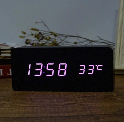 Woodgrain Luxe LED Alarm Clock Digital Wooden Desk Clock With Temperature Display 14