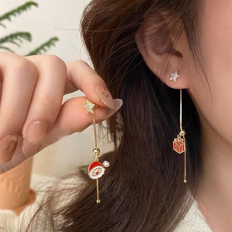 Colorful Beads Christmas Tree Earrings with Santa Claus and Snowman for Women Holiday Drop Earrings
