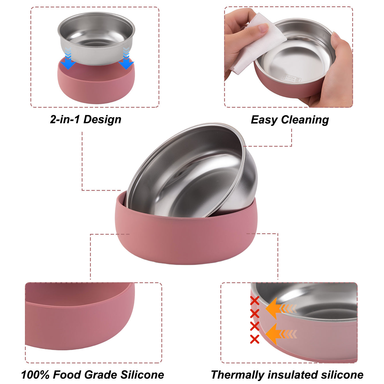 Kids Dinnerware Set BPAFree Silicone Food Dish Plate Stainless Steel Bowl For Baby Feeding 4